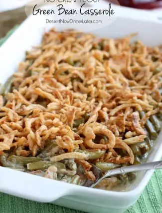 This Green Bean Casserole is made with a quick and easy homemade sauce - no cream soup needed! From DessertNowDinnerLater.com