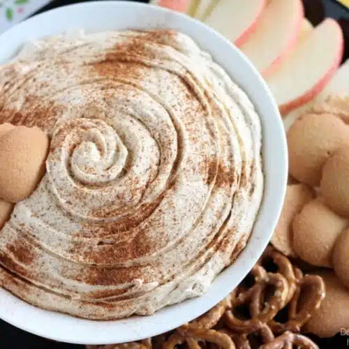 Pumpkin Cheesecake Dip is super simple to make and is great with apples, vanilla wafers, pretzels and more! From DessertNowDinnerLater.com