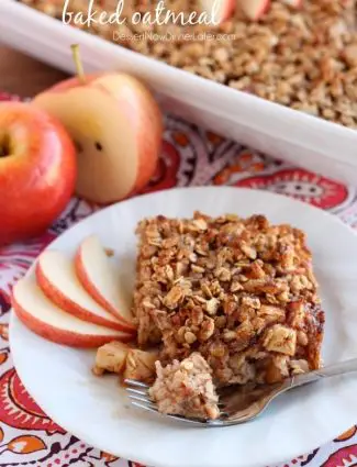 Apple Cinnamon Baked Oatmeal - old fashioned oats, agave, and apples are just a few of the delicious ingredients used in this lighter baked oatmeal. From DessertNowDinnerLater.com