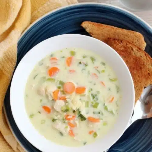 This Chicken Orzo Soup is full of carrots, green onions, celery, and tender chunks of chicken, in a creamy broth with orzo pasta throughout. From DessertNowDinnerLater.com