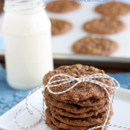 Gingersnap Oatmeal Cookies - Soft baked gingersnap cookies with the addition of old fashioned oats to make a chewy, delectable cookie! From DessertNowDinnerLater.com