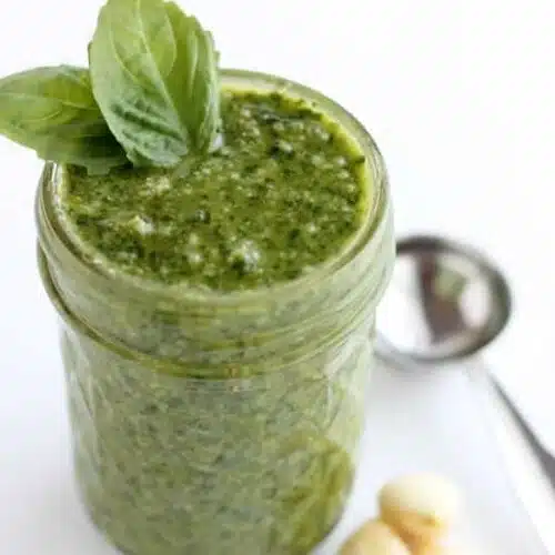 Fresh basil, toasted pine nuts, shredded parmesan cheese, fresh garlic cloves, pure olive oil, and sea salt come together to create this Classic Pesto that can be used on pasta, sandwiches, or in soups!