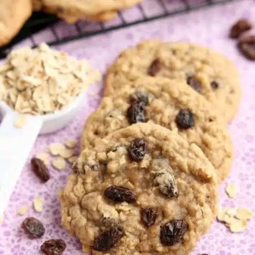 These classic Chewy Oatmeal Raisin Cookies are bursting with vanilla and cinnamon, full of plump raisins and hearty rolled oats, and are perfectly soft and chewy to eat!