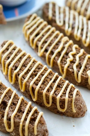 Chocolate Biscotti with Peanut Butter Cream Cheese Glaze