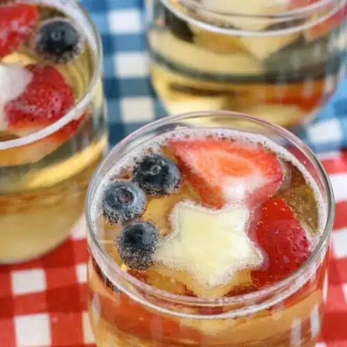 This Patriotic Punch is a fizzy drink made easy with only two ingredients and decorated with fruit for a red, white, and blue, party punch the whole family can enjoy!