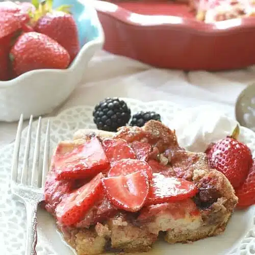 Strawberry Cream Cheese French Toast Bake Casserole makes a delicious & easy breakfast or brunch