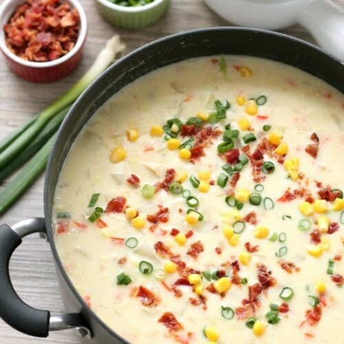 This Creamy Chicken and Corn Chowder is hearty and comforting with generous helpings of chicken, corn, bacon, green onions, potatoes and a slight kick of jalapeño.