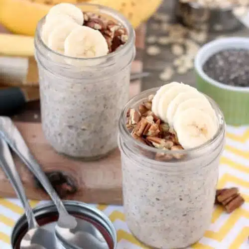 Bananas, cinnamon, and pecans combine in these overnight oats to create a delicious banana bread inspired, protein-packed breakfast.