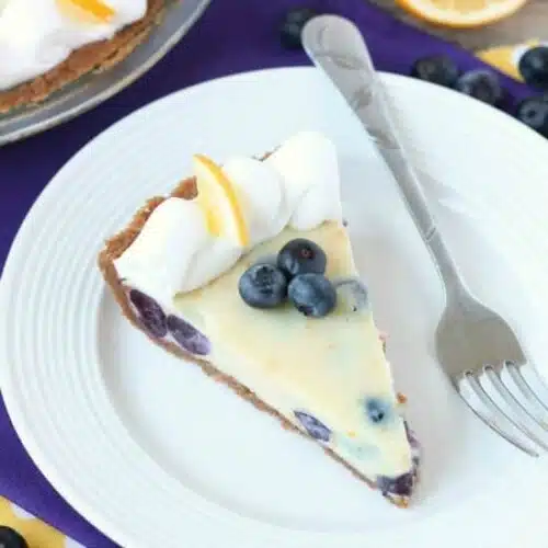 Just like key lime pie, this creamy lemon and blueberry pie has a buttery graham cracker crust and a zesty (Meyer lemon) citrus cream filling, with the added bonus of plump blueberries. Top it with fresh whipped cream and you've got a delicious fruity dessert!