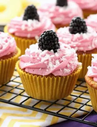 Blackberry Piña Colada Cupcakes - Moist coconut cupcakes with a sweet pineapple and rum filling topped with fresh blackberry frosting. A delicious drink inspired cupcake with a twist!