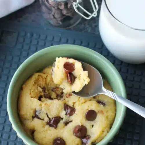 This microwave chocolate chip cookie is the perfect dessert for one! It cooks in only 40-60 seconds for a super quick, sugar fix.