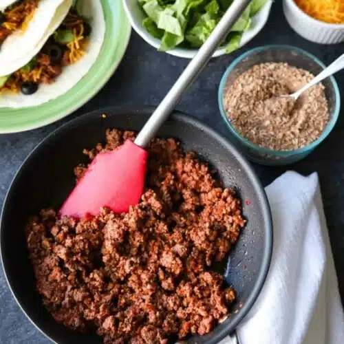 The BEST taco meat ever! It's saucy and full of flavor made with an easy homemade taco seasoning. A recipe the whole family will enjoy for Taco Tuesdays!