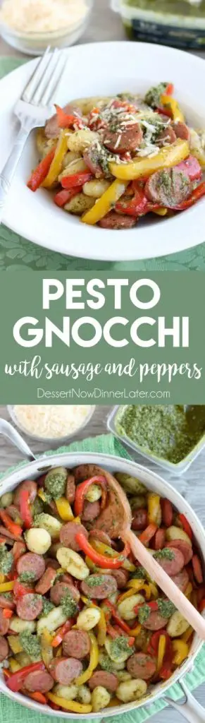 This Pesto Gnocchi with Sausage and Peppers whips up in less than 30 minutes for a fresh, vibrant, and hearty dinner!