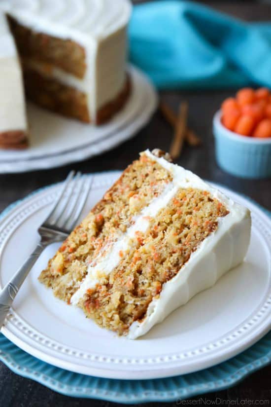 This easy carrot cake recipe is moist, perfectly-spiced, and topped with the BEST cream cheese frosting. Customize it with your favorite fillers or enjoy it simply as is.