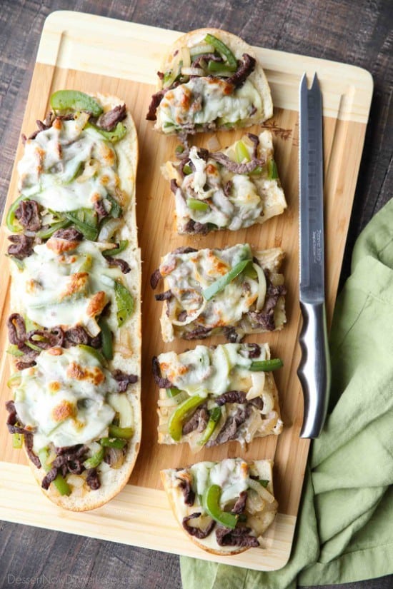 Philly Cheesesteak French Bread is a delicious open-faced sandwich with plenty of juicy meat, crisp veggies, and melty cheese for an easy dinner that is sure to satisfy!