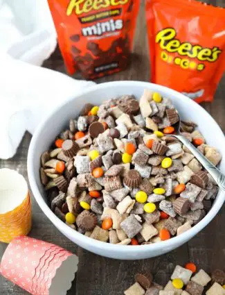 Reese's Muddy Buddies are a twist on the classic with both chocolate and peanut butter coated cereal pieces tossed together with Reese's Pieces and Reese's Minis. This is the ultimate peanut butter and chocolate puppy chow snack mix.