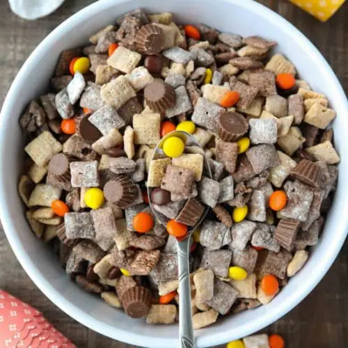 Reese's Muddy Buddies are a twist on the classic with both chocolate and peanut butter coated cereal pieces tossed together with Reese's Pieces and Reese's Minis. This is the ultimate peanut butter and chocolate puppy chow snack mix.