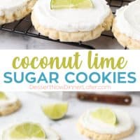 Coconut Lime Sugar Cookies - an easy sugar cookie recipe with a tropical fruit twist. You'll love these moist sugar cookies with a hint of lime, creamy coconut frosting, and a fresh lime wedge to squeeze on top. A Twisted Sugar copycat recipe.