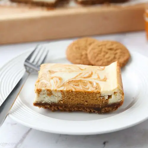 Pumpkin Swirl Cheesecake Bars have a buttery gingersnap crust, with ribbons of creamy vanilla and spiced pumpkin cheesecake marbled on top. A delicious dessert for fall or Thanksgiving.