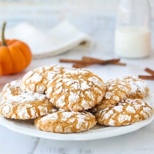 Pumpkin Crinkle Cookies are light, soft, and cake-like with warm, flavorful pumpkin spices. You'll love this easy fall cookie coated in powdered sugar that cracks as it bakes.