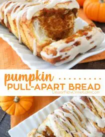 Pumpkin Pull Apart Bread is as delicious as sweet rolls, but super easy to make with layers of pumpkin, spices, and real store-bought yeast dough, not biscuits. Top it with a cream cheese glaze for a delicious seasonal breakfast or dessert.