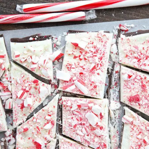 Peppermint Bark is a favorite Christmas treat that's super easy to make with only four ingredients: semi-sweet chocolate, white chocolate, peppermint extract, and candy canes.