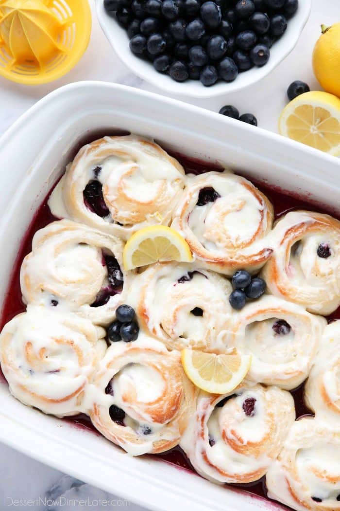 Lemon Blueberry Sweet Rolls are made easy with store-bought bread dough, a sticky lemon filling, fresh blueberries, and a tangy lemon cream cheese frosting.