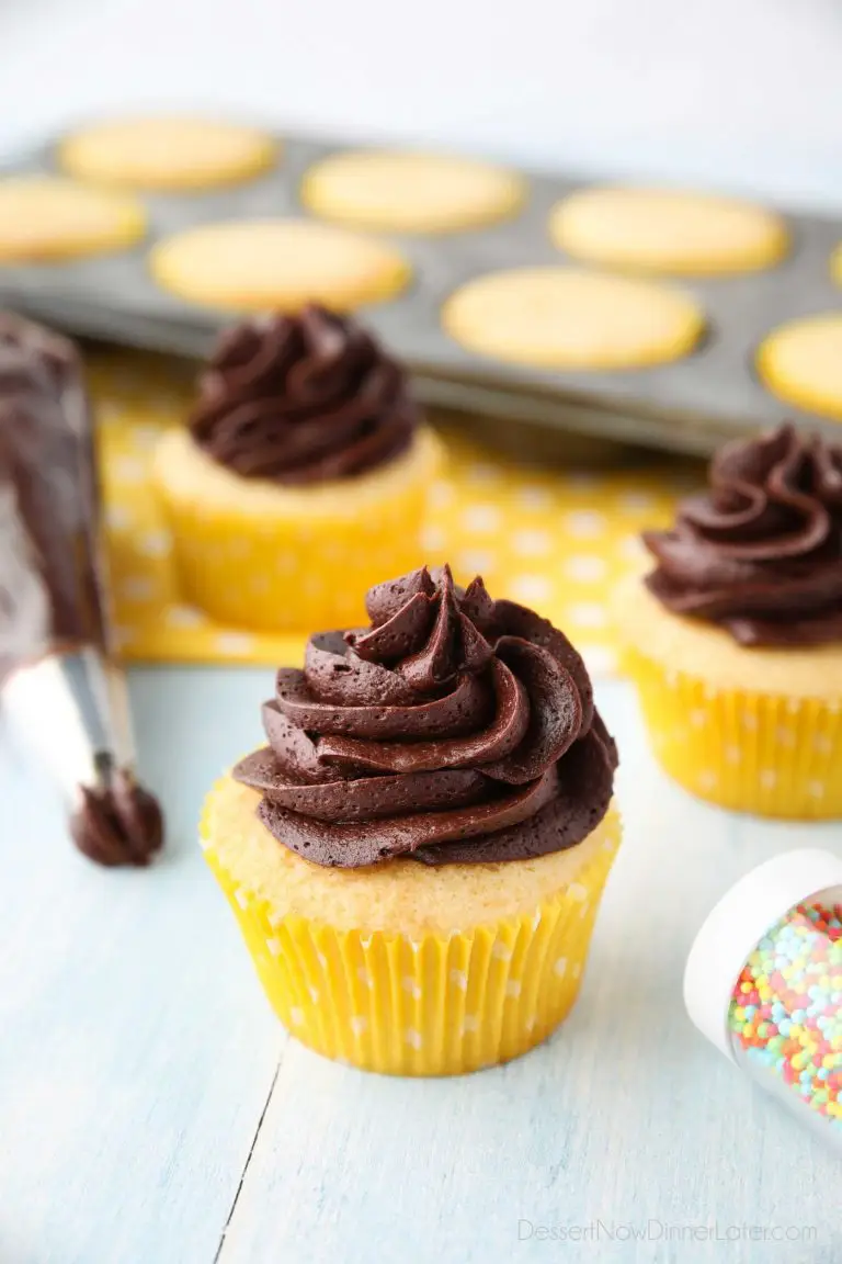 This Yellow Cupcakes Recipe is an old-fashioned, from-scratch butter cake. A classic homemade cupcake for birthday parties, topped with chocolate buttercream (or your other favorite frosting.)