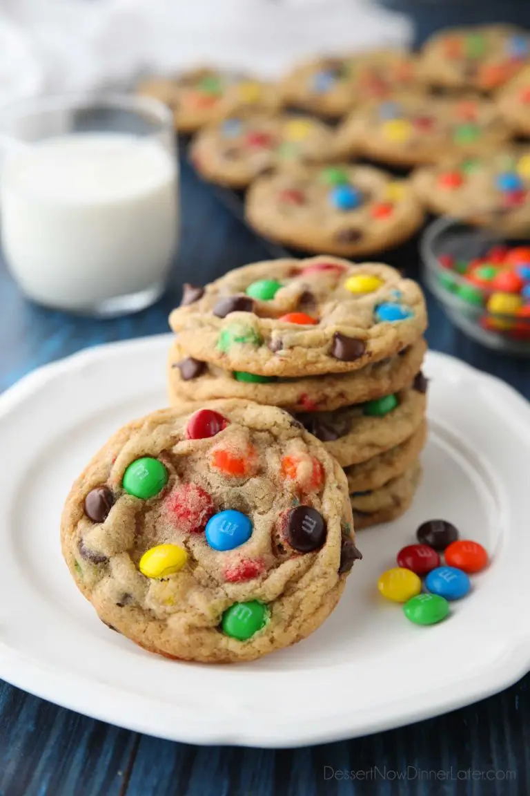 These bakery style M&M Cookies are loaded with chocolate chips and M&M candies. They're crispy on the edges, soft and chewy in the center, with plenty of chocolate throughout. The best M&M cookies! No chill time required -- just make and bake.