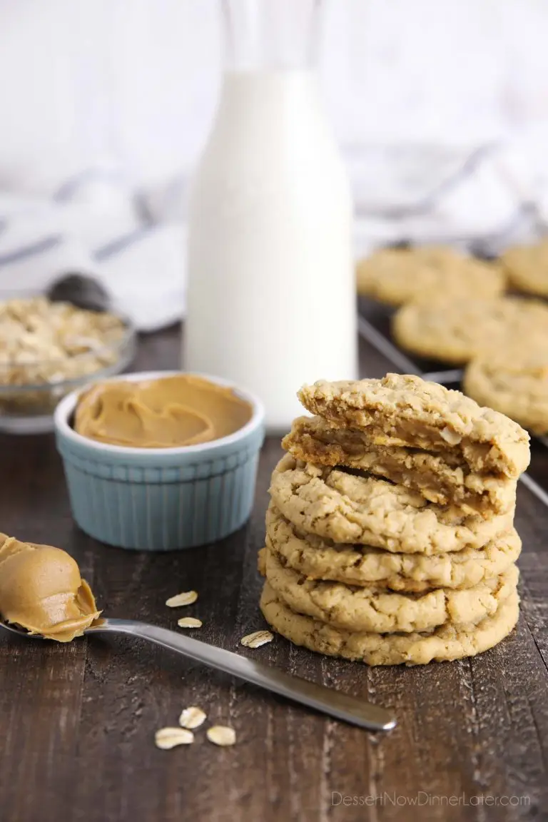 Soft and chewy peanut butter oatmeal cookies are crisp on the outside, soft on the inside, and full of chewy old fashioned oats and creamy peanut butter. An easy, hearty cookie made with pantry ingredients.