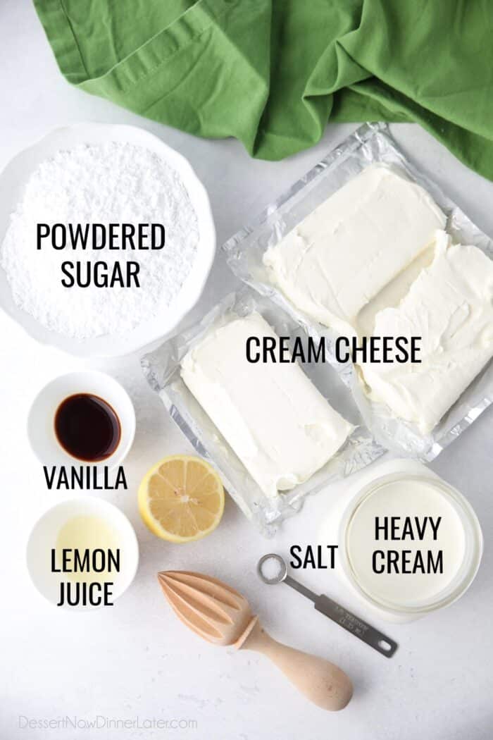 Ingredients for no bake cheesecake filling: cream cheese, powdered sugar, salt, vanilla, lemon juice, and heavy cream.