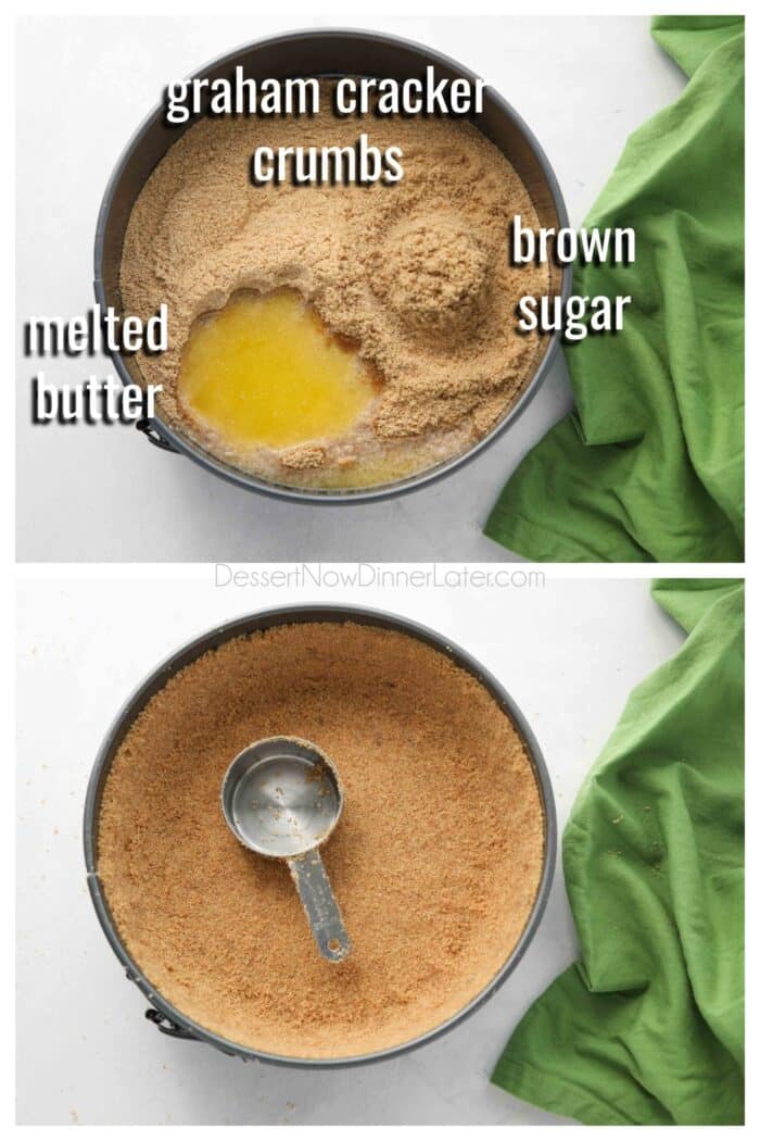 Collage. Top: No bake graham cracker crust ingredients: graham cracker crumbs, brown sugar, and melted butter. Bottom: Crust being pressed into springform pan with a measuring cup.