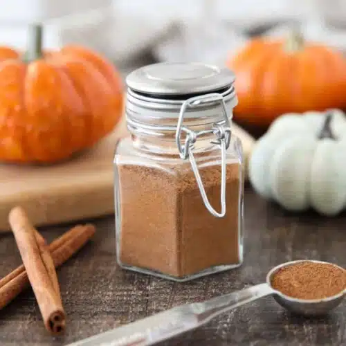 Homemade Pumpkin Pie Spice in a glass jar with mini pumpkins and cinnamon sticks on the side.