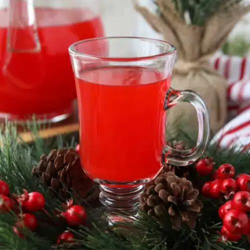 Close up of a glass cup with red holiday punch inside it.