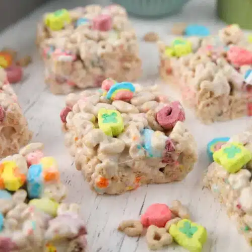 Close-up side view of lucky charms marshmallow treats.