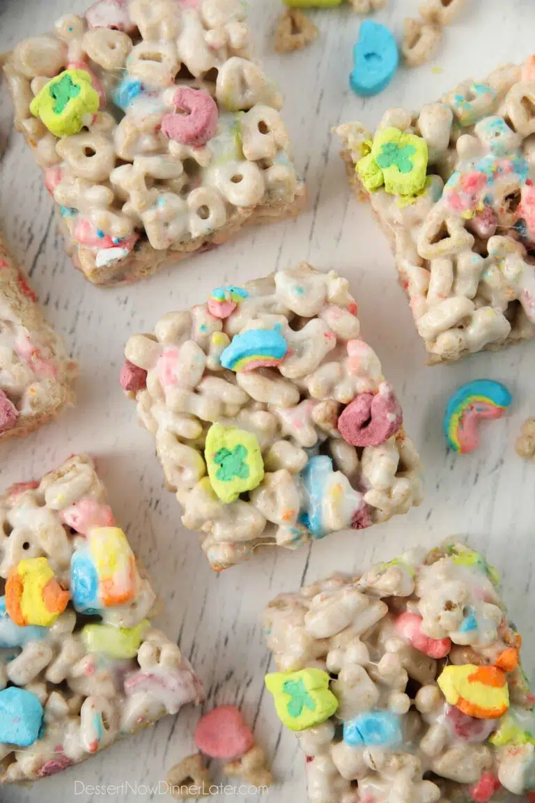 Close-up top view of Lucky Charms Treats.