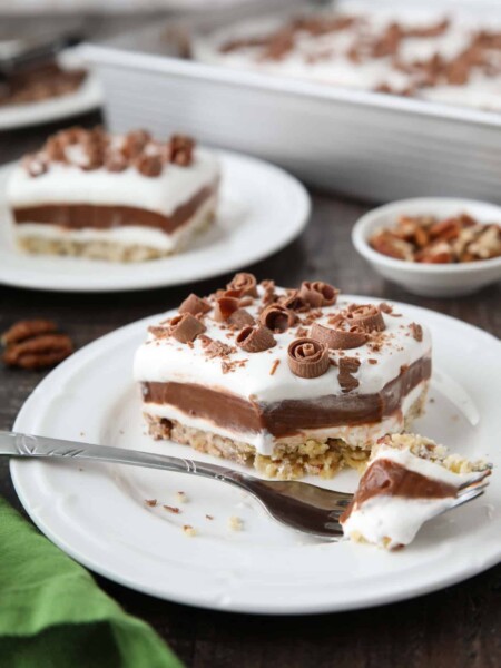 Plate of Chocolate Delight dessert with a fork full taken out.