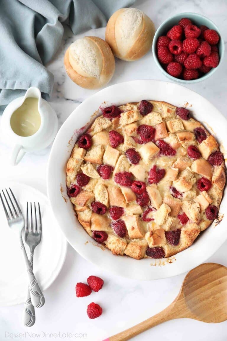 Top view of baked raspberry bread pudding aka baked french toast with raspberries.