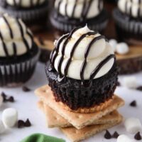 S'mores Cupcakes made with a graham cracker crust, chocolate cake, and marshmallow buttercream frosting topped with chocolate sauce and crushed graham crackers.