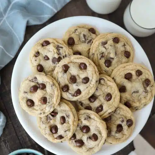 Warm chocolate chip cookies on a plate.