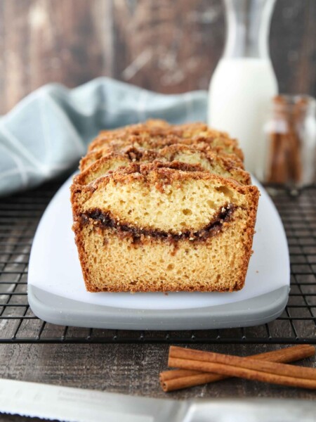 Quick bread (aka loaf cake) with a swirl of cinnamon inside.