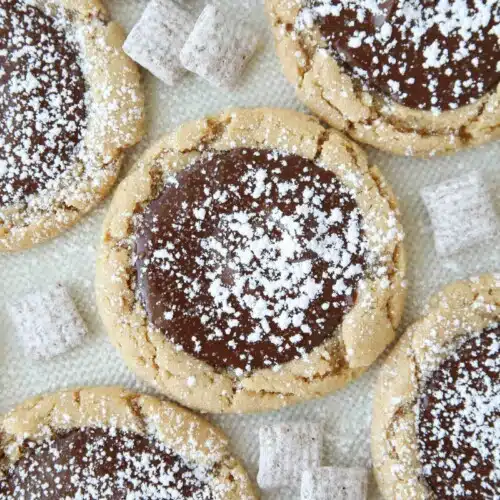 Close up of Muddy Buddy Cookies -- peanut butter cookies topped with melted chocolate and sprinkled with powdered sugar.