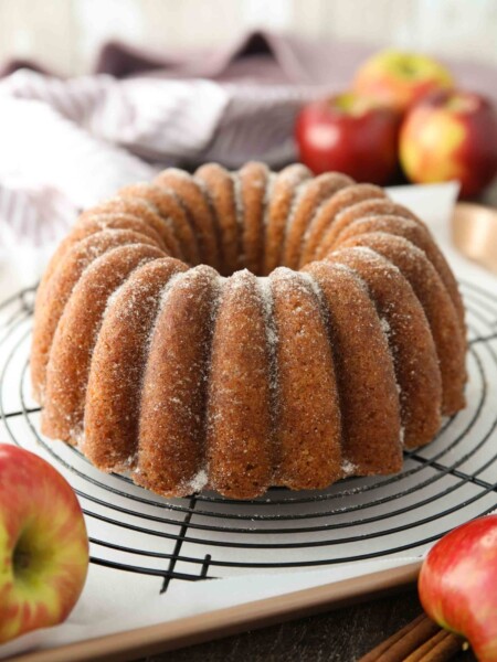 Apple Cider Donut Cake after being baked in a bundt pan and sprinkled with cinnamon-sugar..