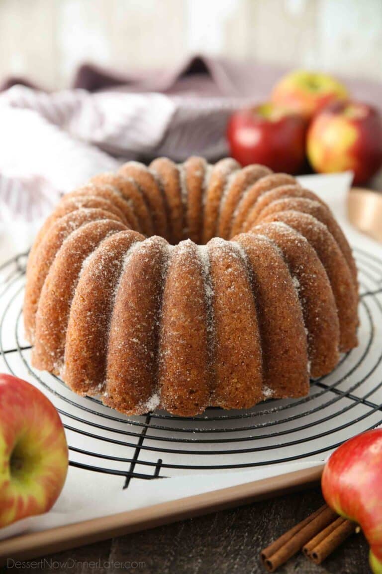 Apple Cider Donut Cake after being baked in a bundt pan and sprinkled with cinnamon-sugar..