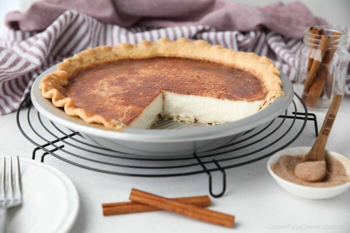 Hoosier Pie in a tin with a couple of slices removed.