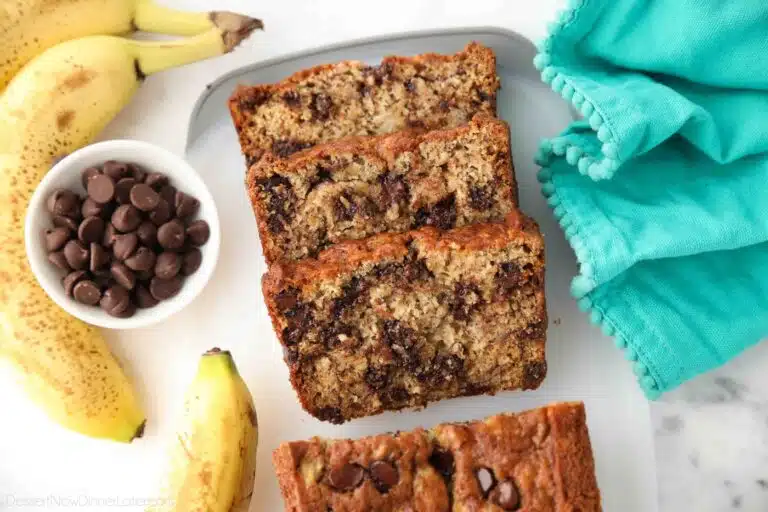 Slices of banana bread with chocolate chips inside.