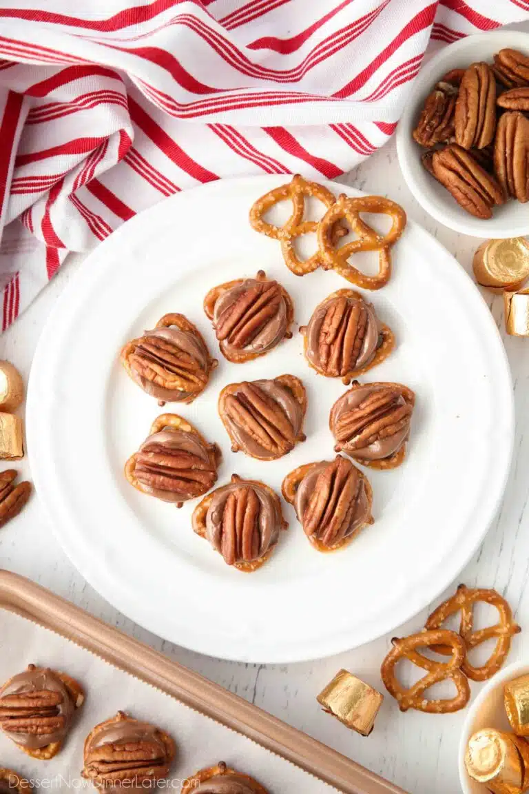 Rolo Pretzel Bites - pretzels topped with Rolo candies and pecans.