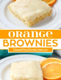 Pinterest collage for Orange Brownies with two images and text in the center.