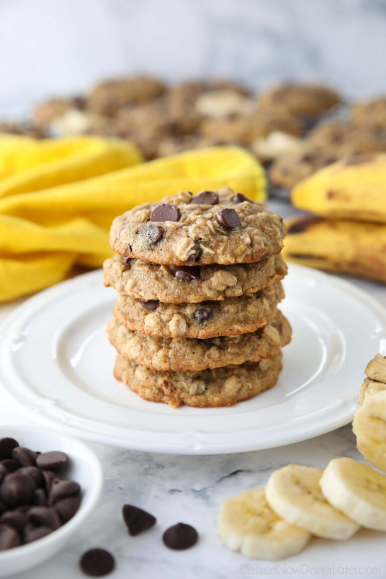 Stack of banana oatmeal chocolate chip cookies on a plate.