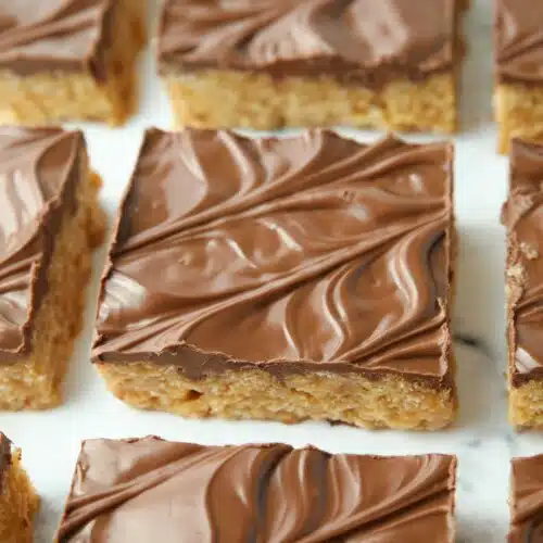 Squares of scotcharoos -- peanut butter rice krispie treats with a chocolate butterscotch topping.